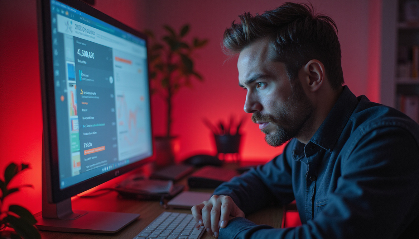  Frustrated office manager staring at glowing billing screen, red error flags, revenue evaporating