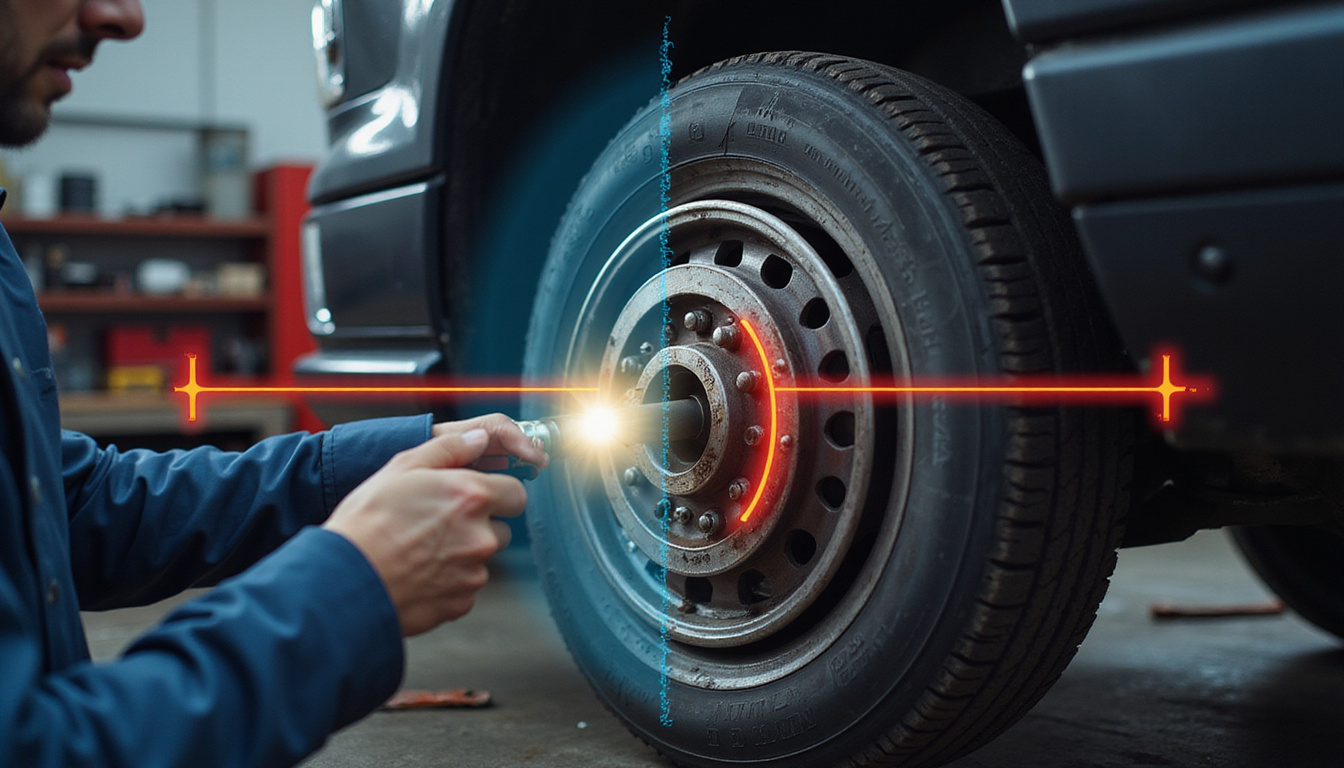 mechanic inspecting worn wheel bearing with flashlight, vibration diagram overlay, garage tools background