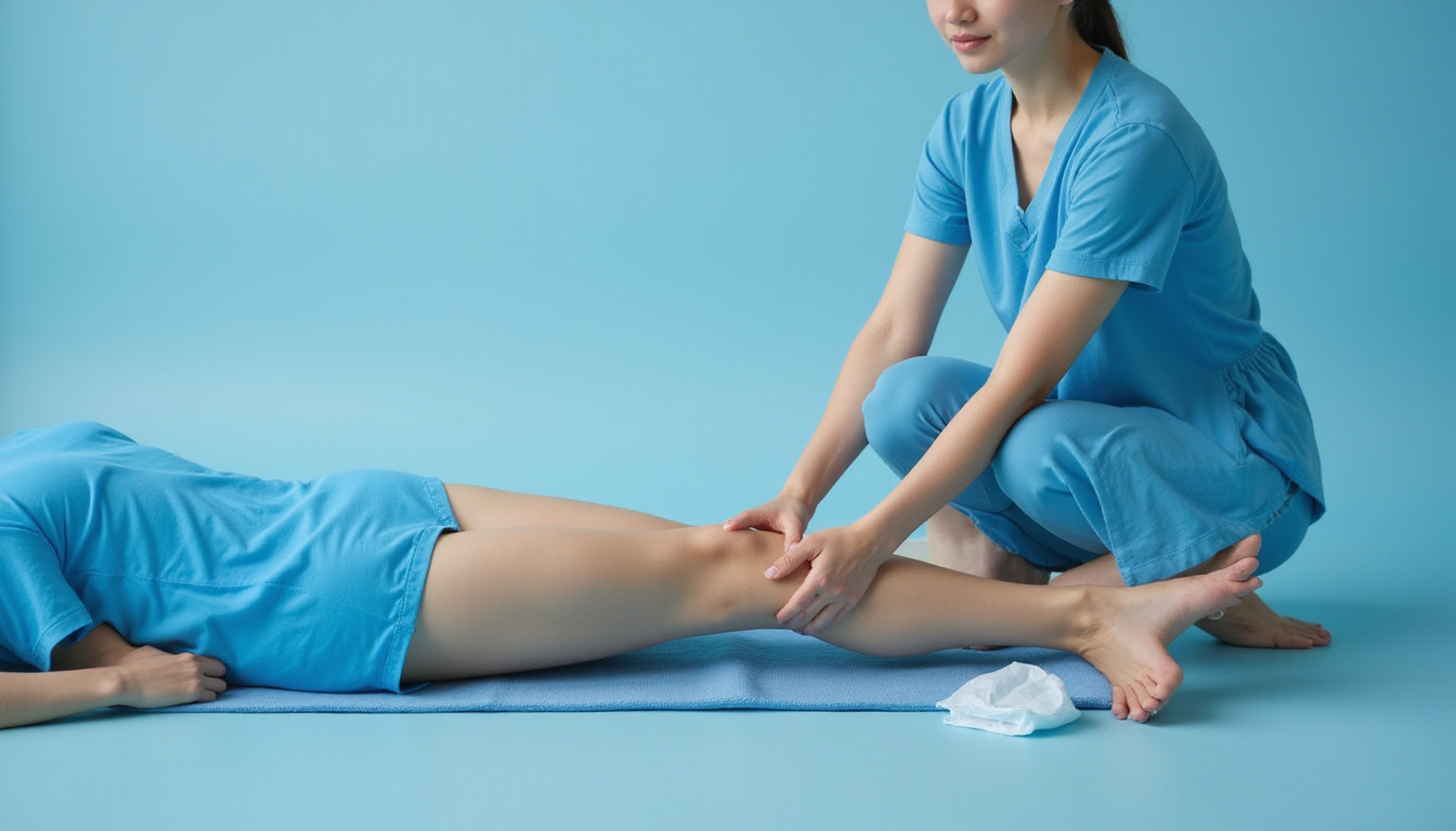 Calming scene: person applying cold pack and stretching legs, soothing blue tones, preventive care