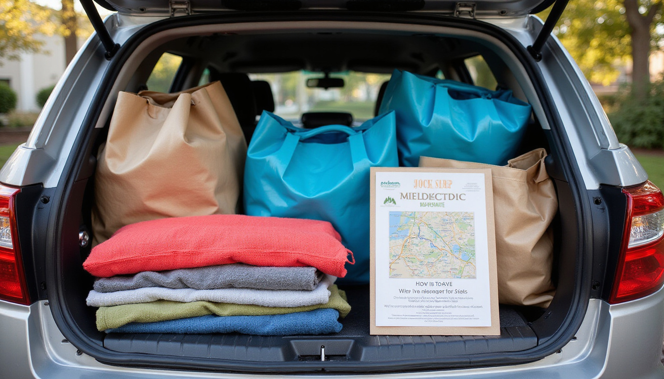 Open car trunk with organized bags and folded clothes, map and donation drop-off sign
