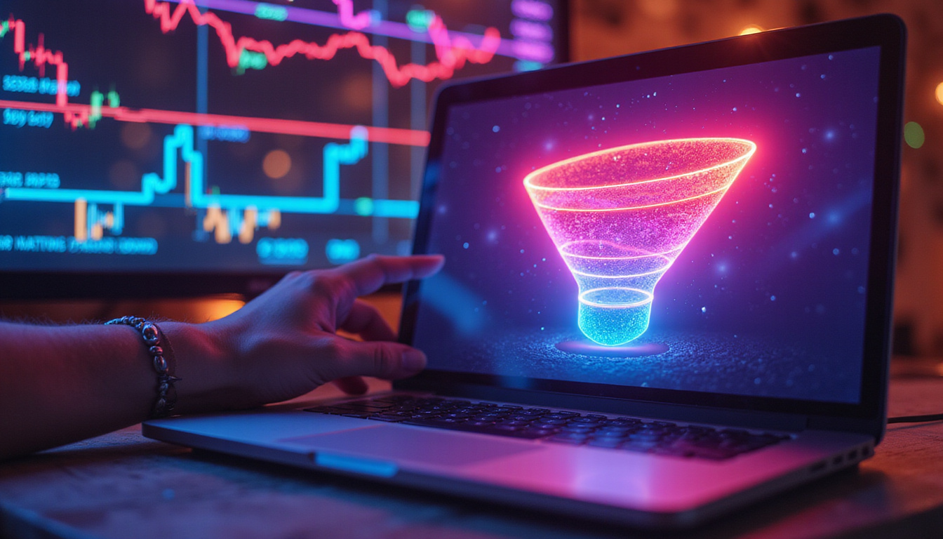  Digital marketer crafting persuasive copy, laptop screen with conversion funnel, fast neon motion blur