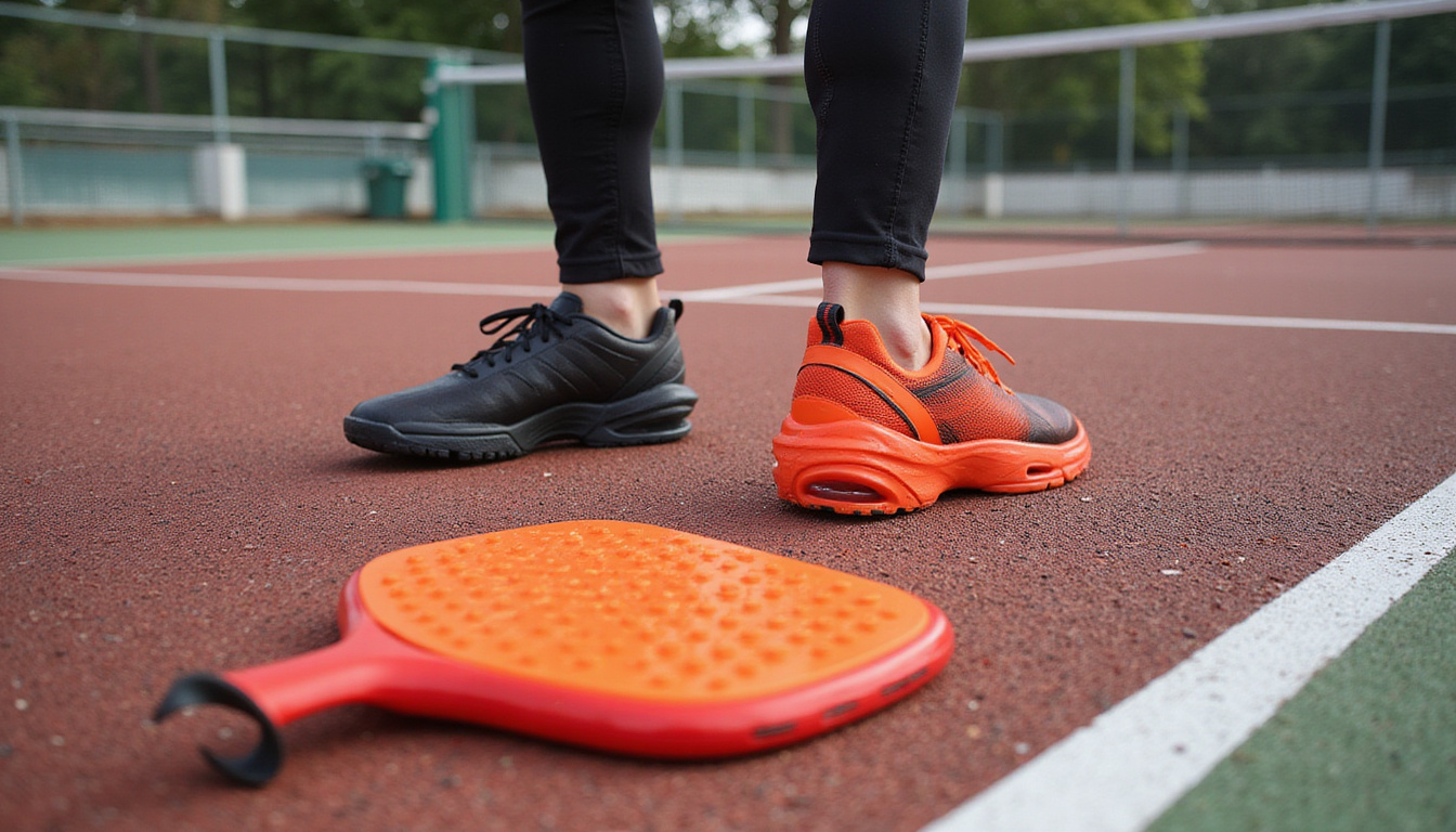  Close-up of non-slip shoes, knee pads, ergonomic paddle grip on textured court surface