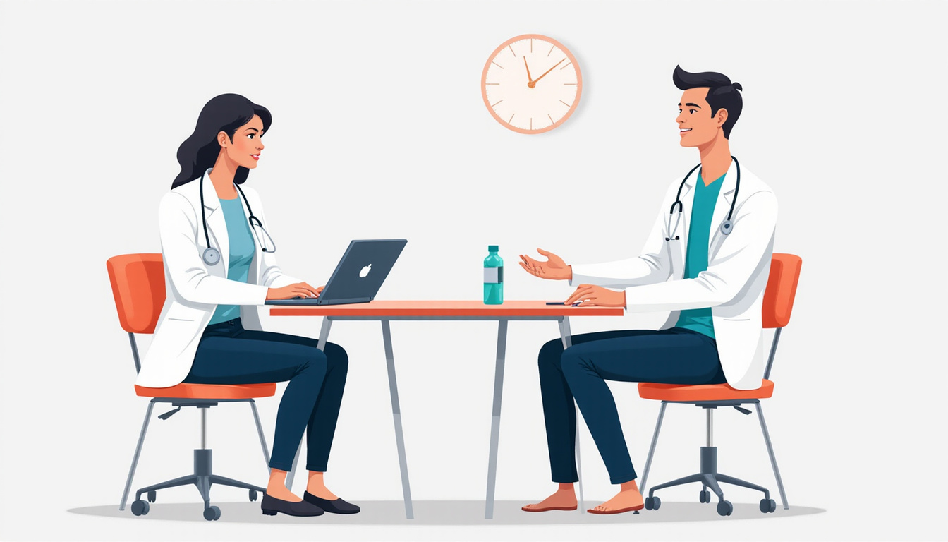  Doctor counseling male patient, lifestyle icons for exercise diet medication, calm clinical infographic style
