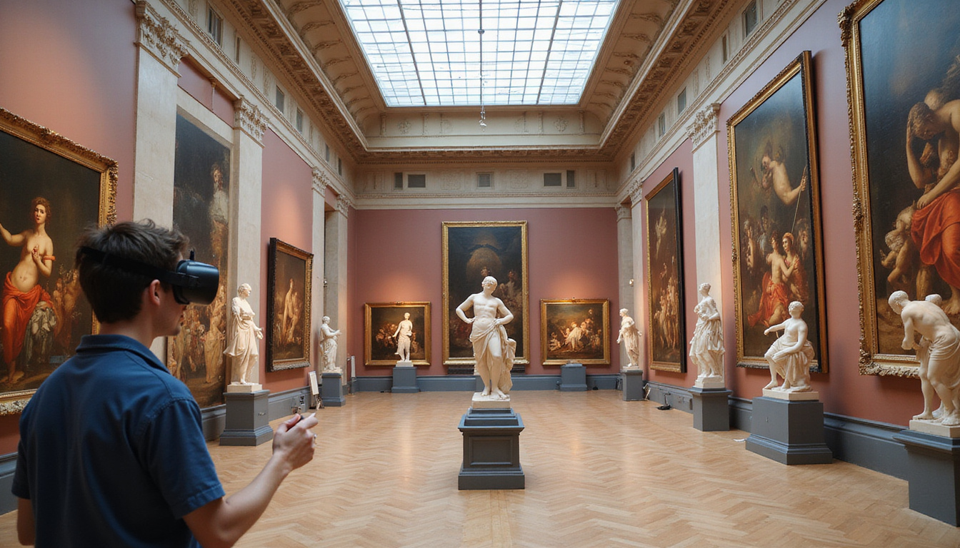  Person with VR headset exploring grand museum halls, Renaissance paintings, sculptures floating in augmented reality