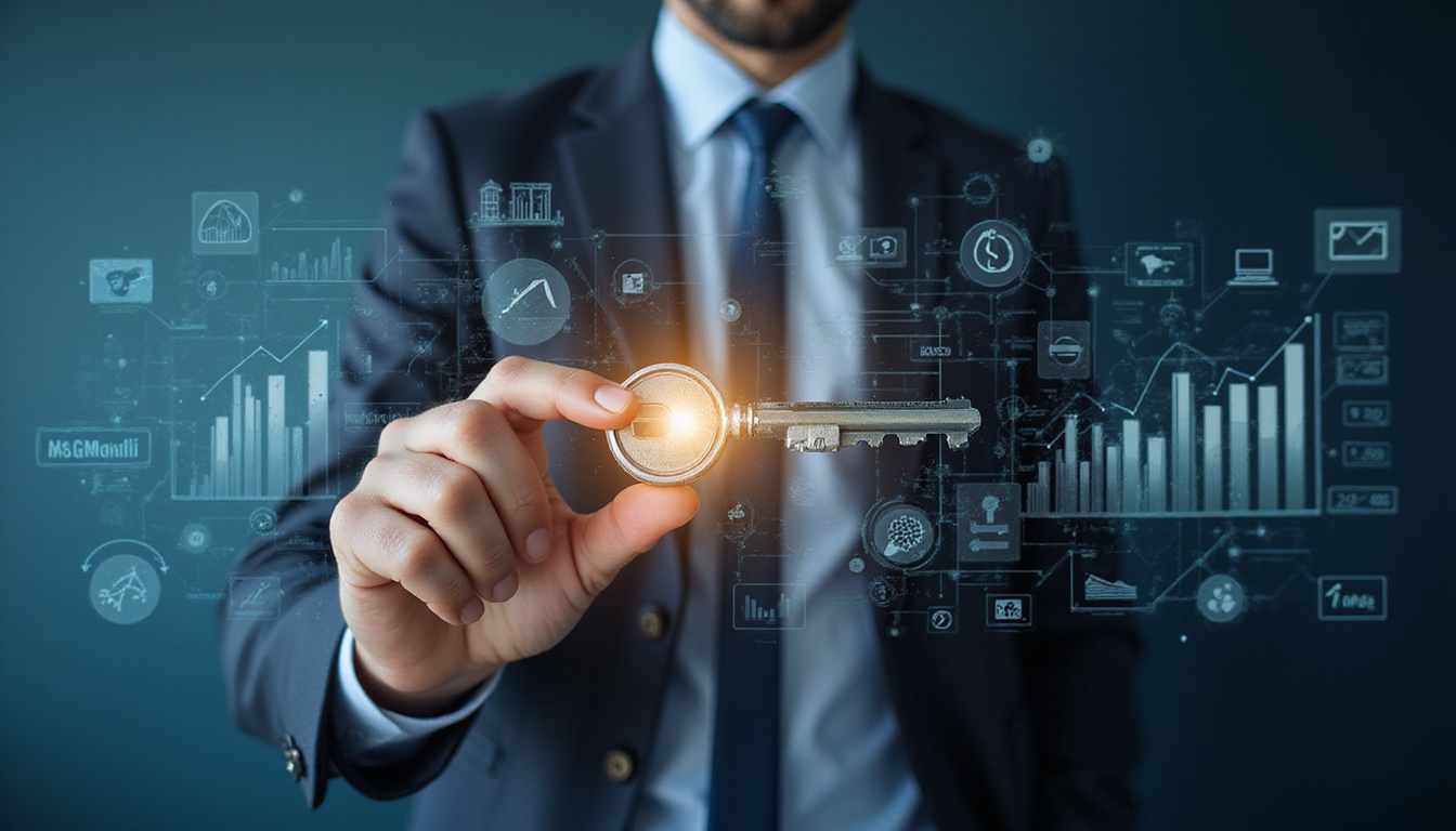 Business strategist turning a mechanical key, unlocking puzzle of channel icons and rising profit graphs