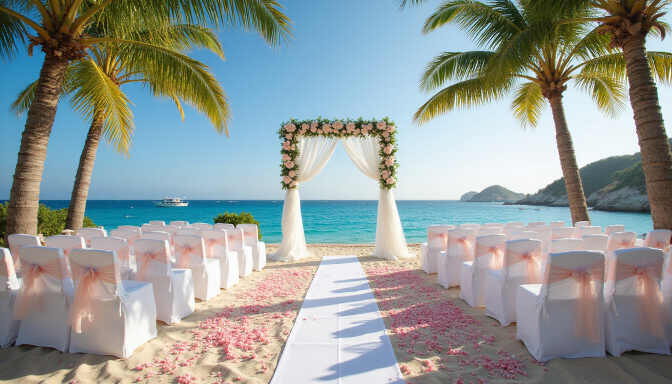  Red Sea beachfront resort ceremony, palm-lined aisle, flowing veils, silhouetted boats, coral-blue waves