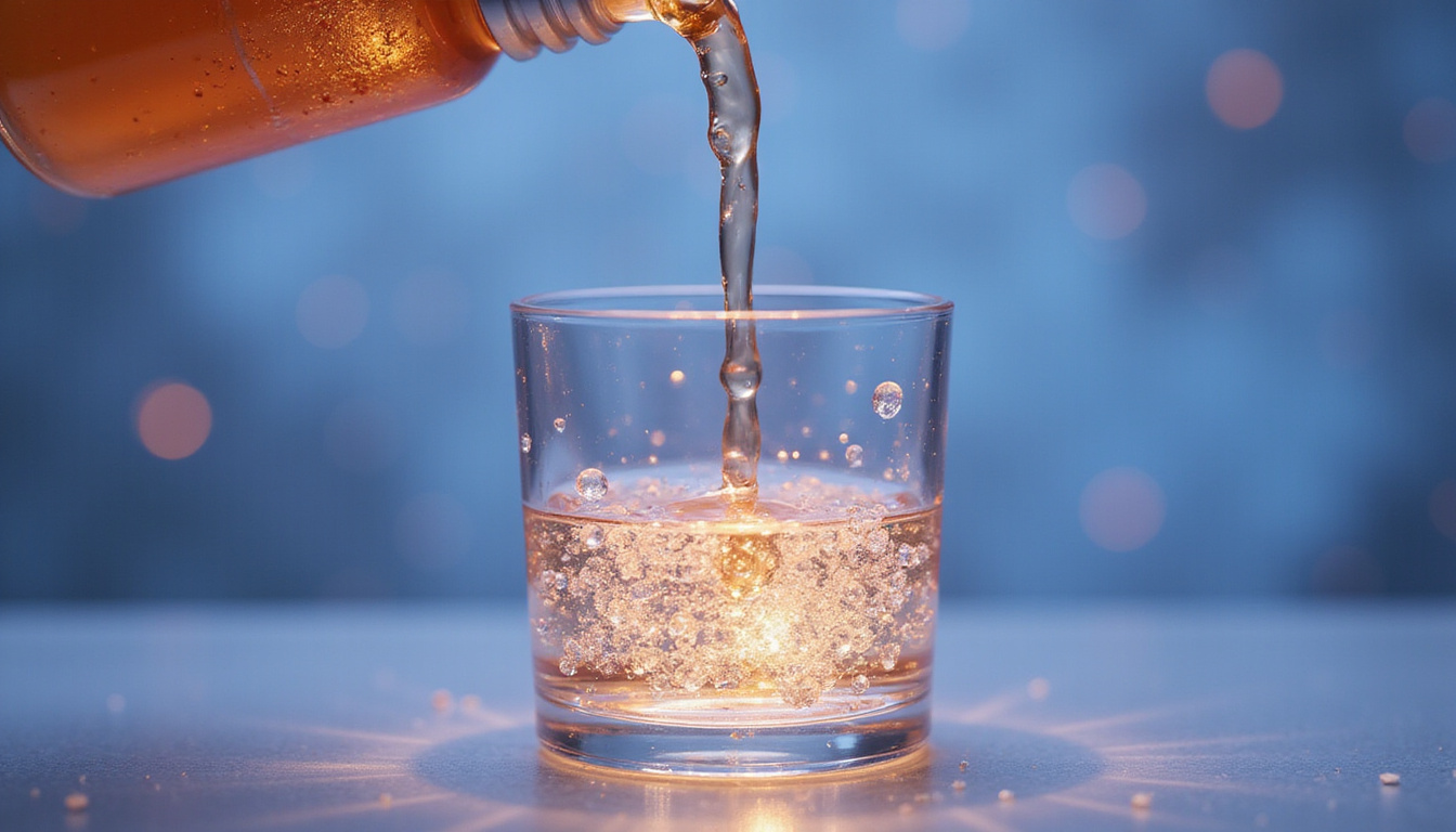  Glass serum pouring visible micro and macro hyaluronic acid spheres glowing, dermatology lab aesthetic