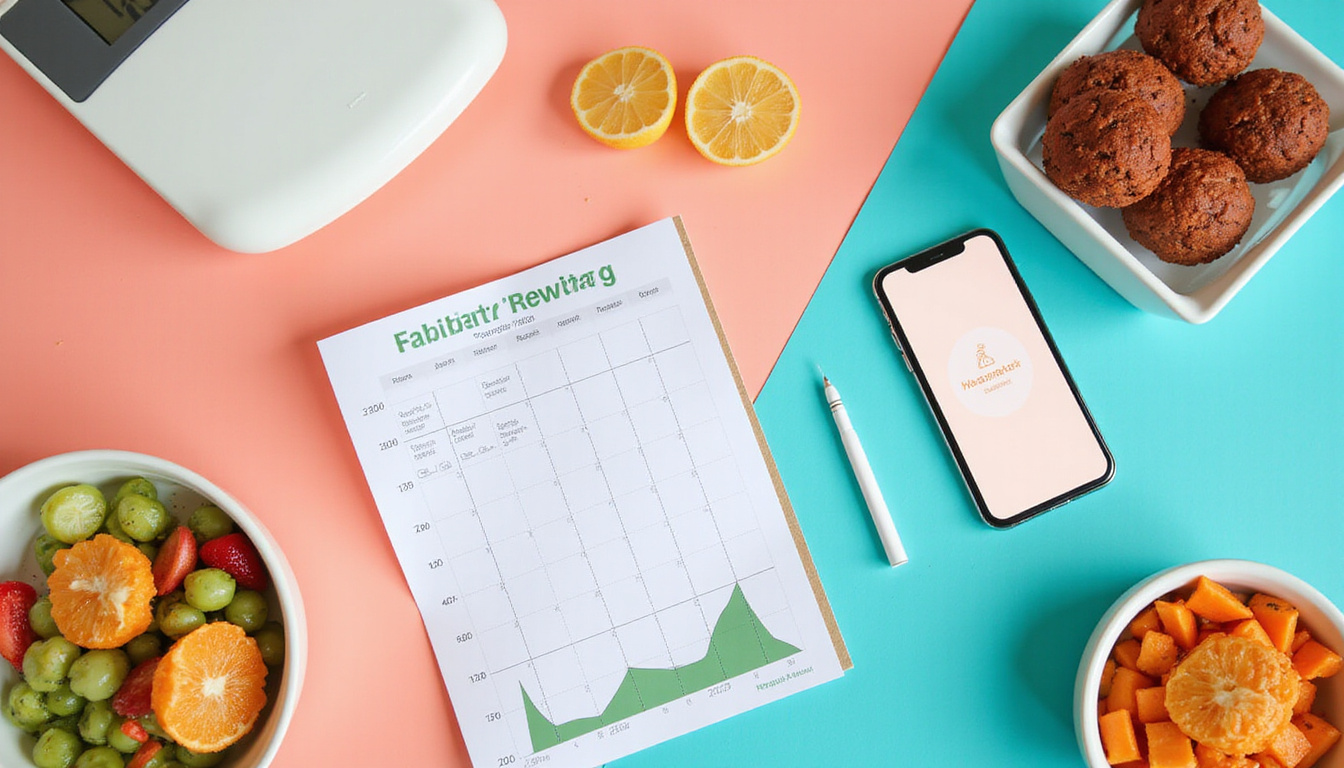  Habit-tracking flatlay: calendar, smartphone app, progress graph, scales, healthy snacks