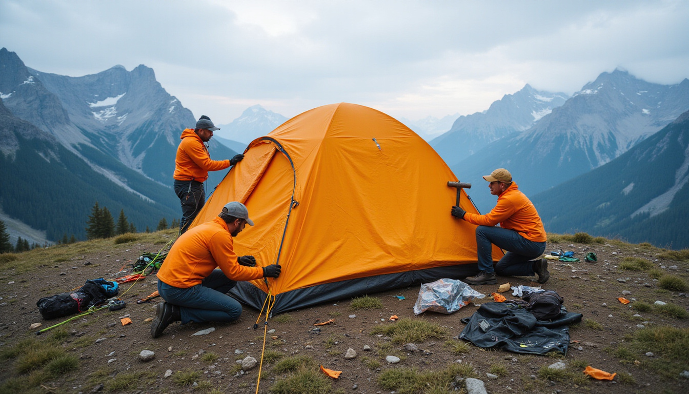Team setting up large crew tent, hammering stakes, tensioning guylines, mountain panorama