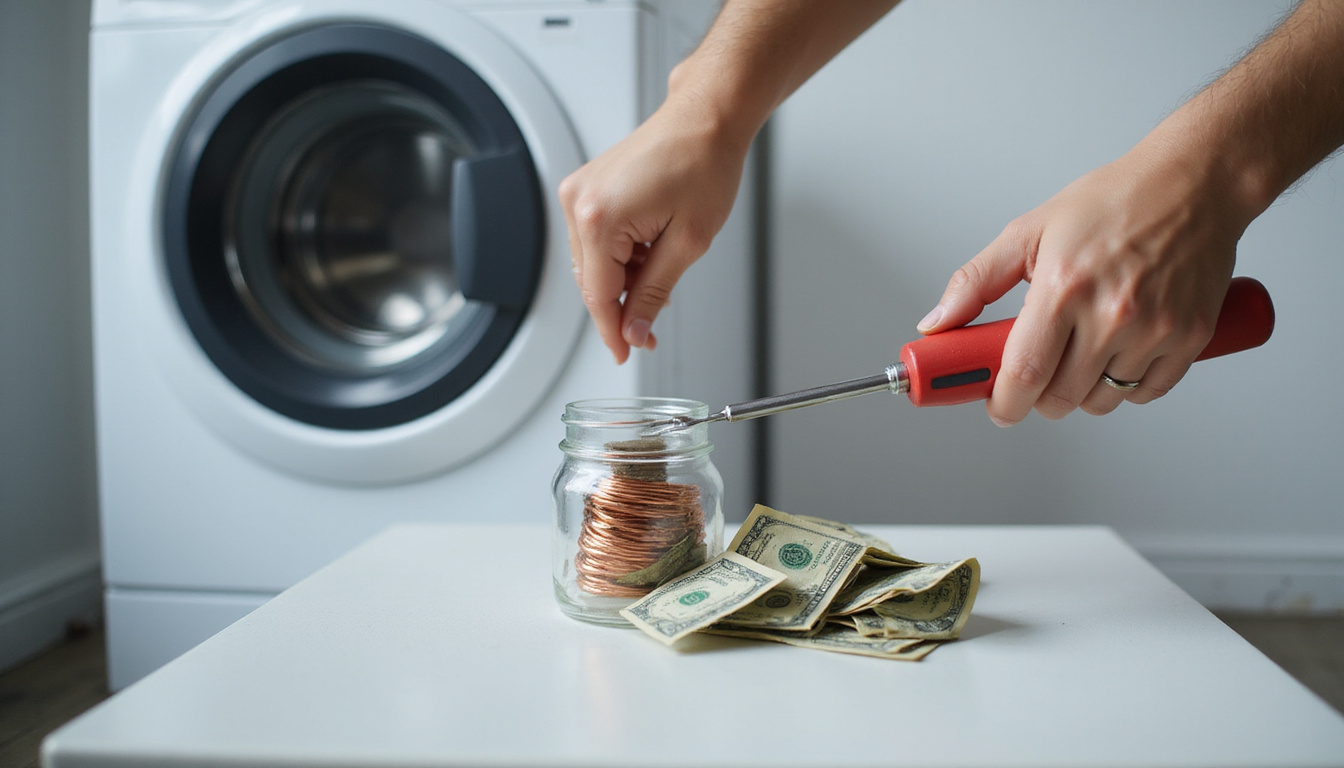  Close-up hands using screwdriver on washing machine, copper coils, sorted parts, jar of saved cash