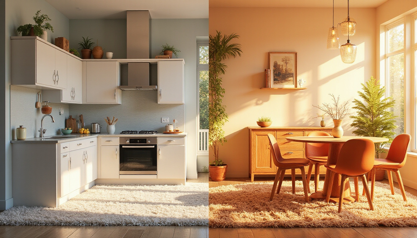  Before-and-after split-screen kitchen covered in tinsel and pristine, warm golden hour, broom mid-sweep