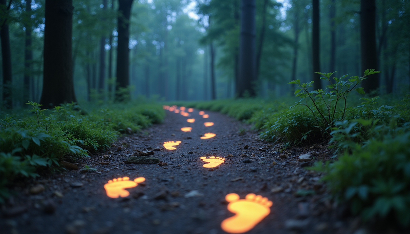  Forest path lined with glowing footprints, small saplings growing where footsteps touch, ethereal light