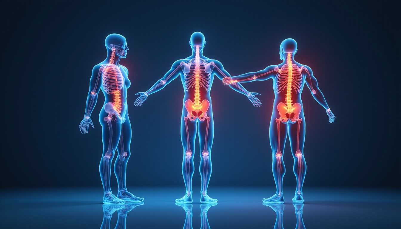  Physical therapist guiding corrective exercises with anatomy overlays, glowing arrows showing stability and injury prevention