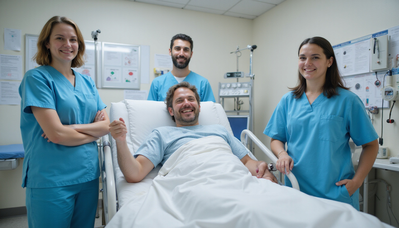 Team of therapists demonstrating mobilization techniques in recovery ward, charts, supportive staff, hopeful expression