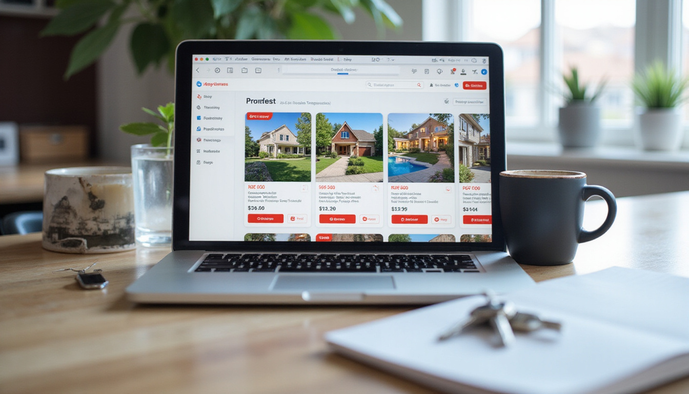  Modern workspace with laptop showing property listings, coffee cup, house keys, handshake reflected, editorial style
