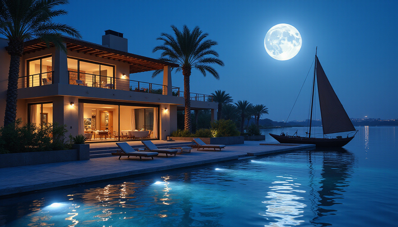  Private Nile villa with rooftop terrace, palm trees, felucca silhouette, moonlit river reflections