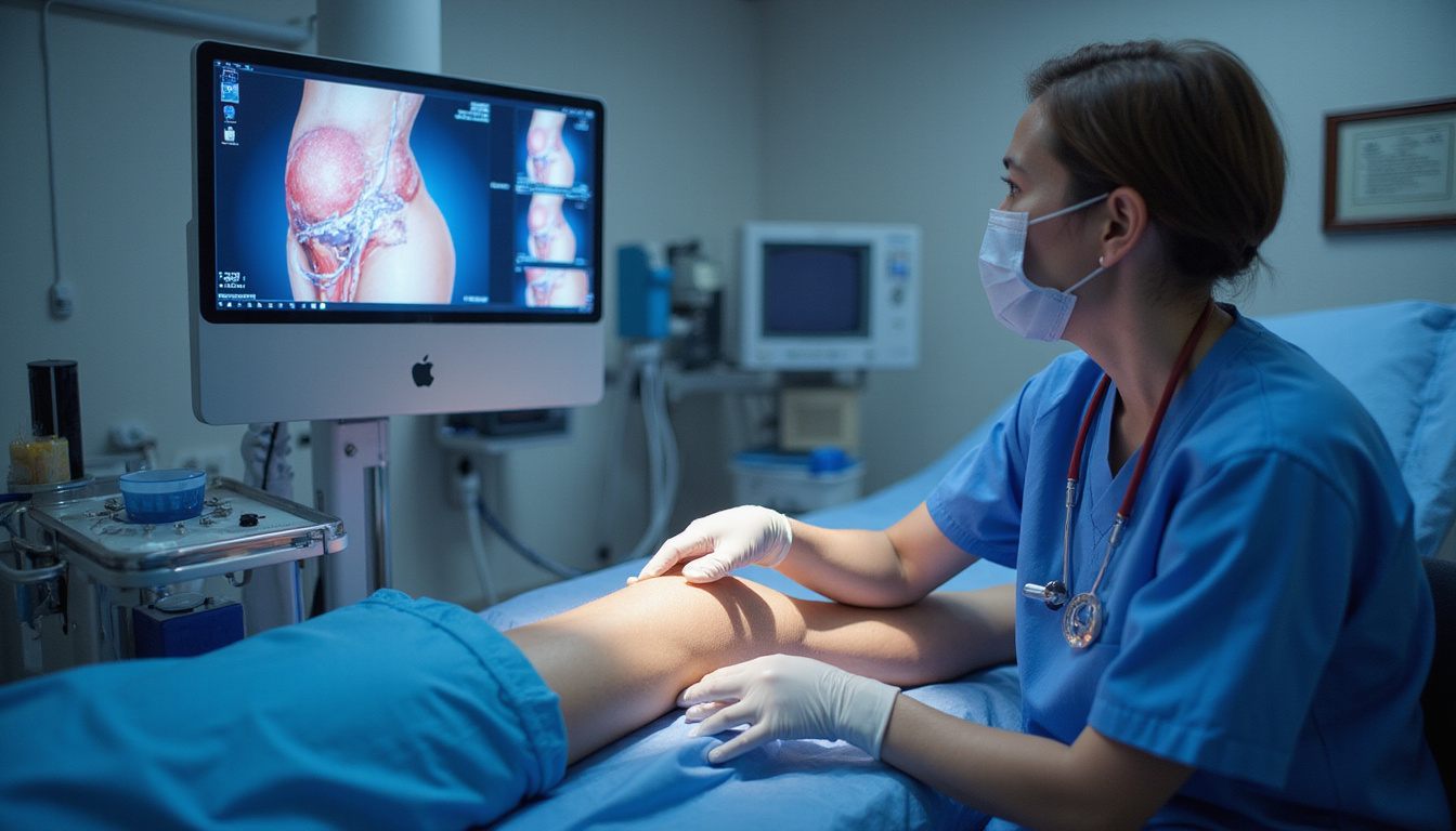  High-resolution monitor showing real-time anatomy while physician carefully injects knee, calm patient