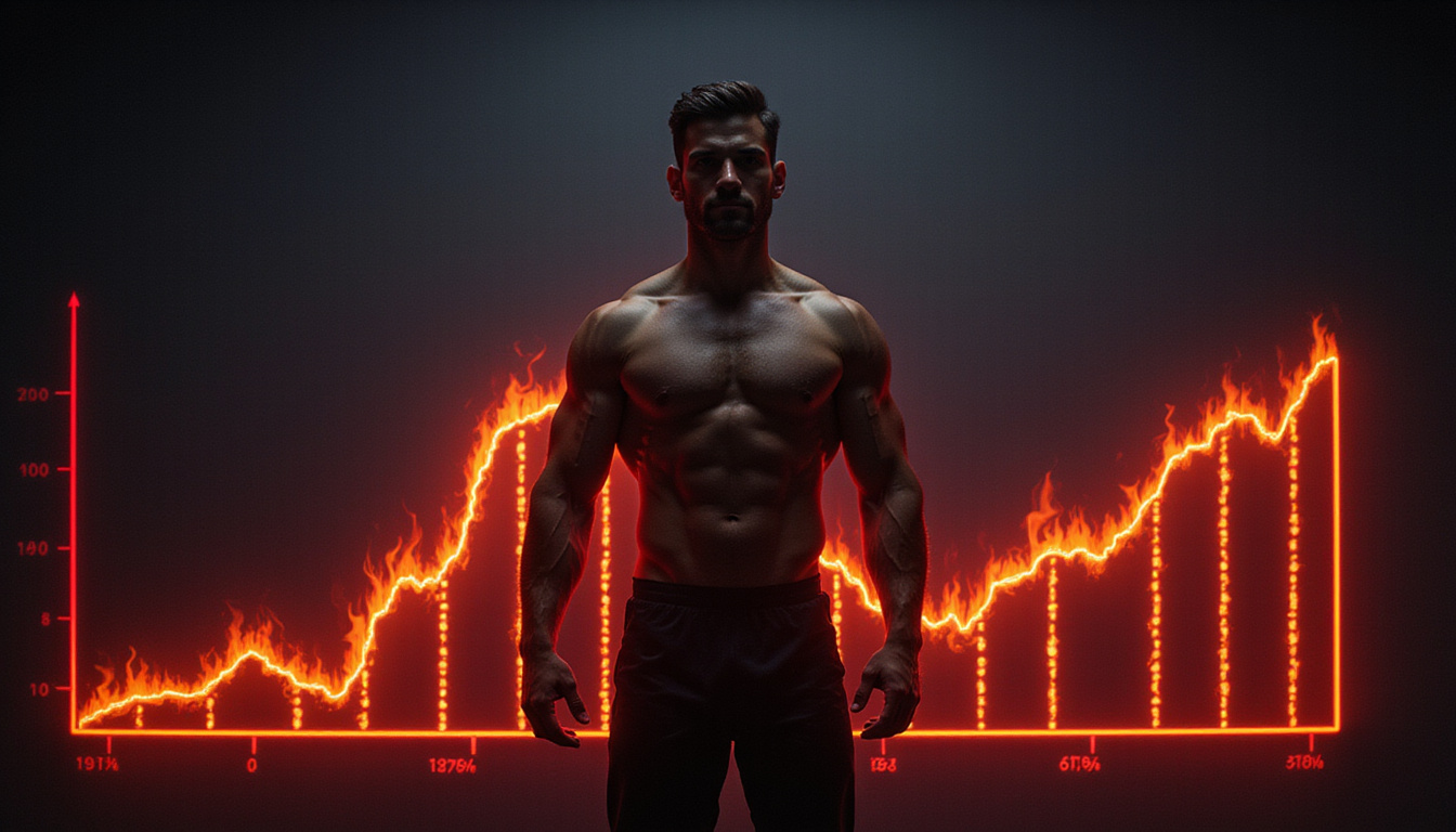  Athletic silhouette preserving muscle, fiery fat-burning graph, neon keto ratio numbers, sleek dark background