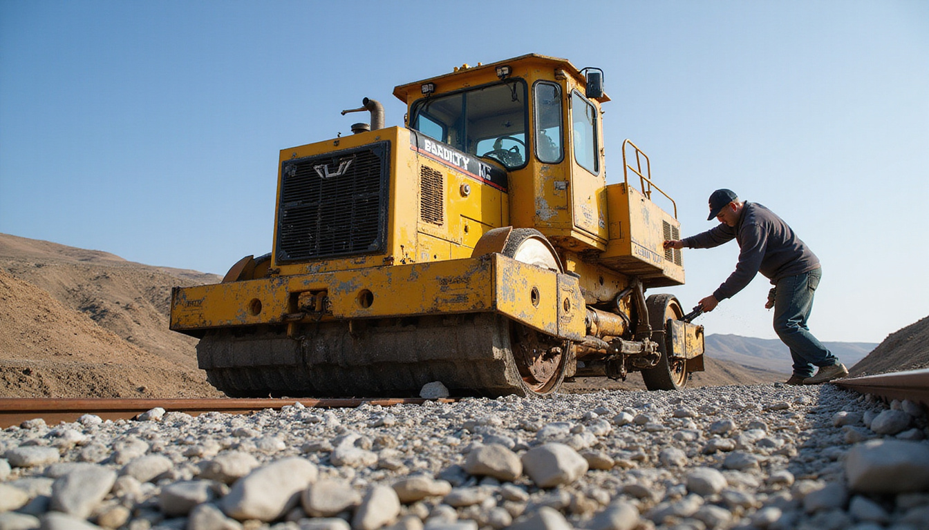  Maintenance crew tamping ballast with specialized machinery, clean angular stones, proper drainage, restored track stability