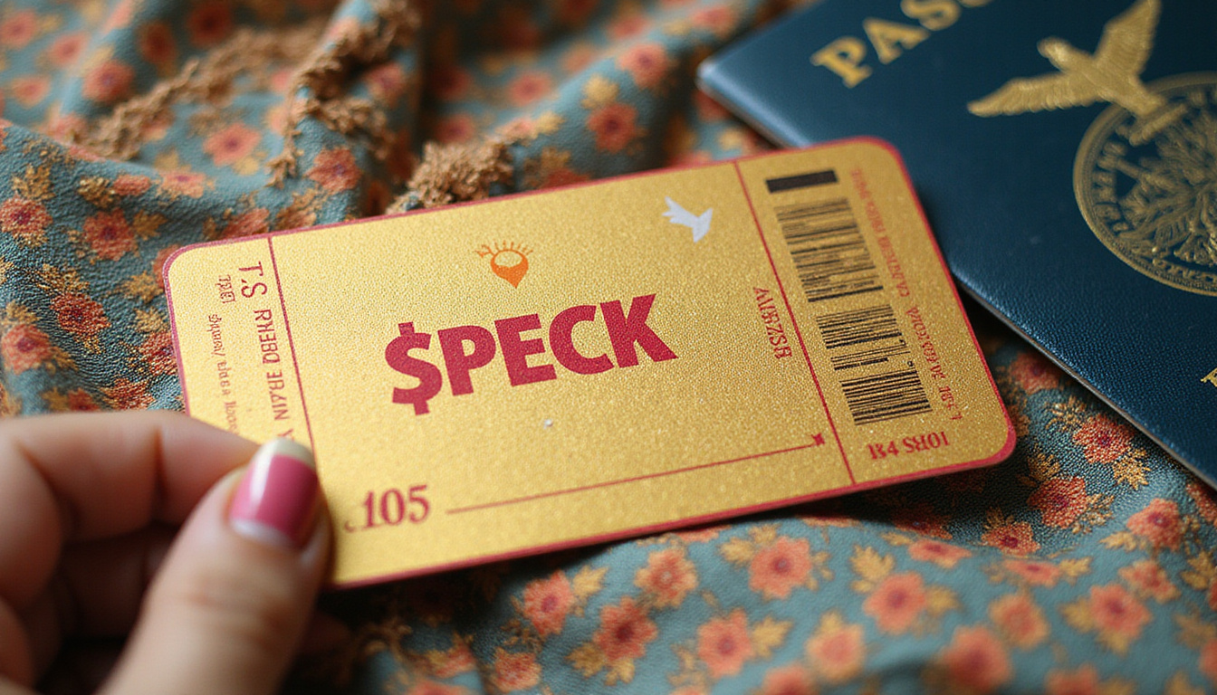  Close-up of golden last-minute plane ticket, discount sticker, passport beside Balinese sarong
