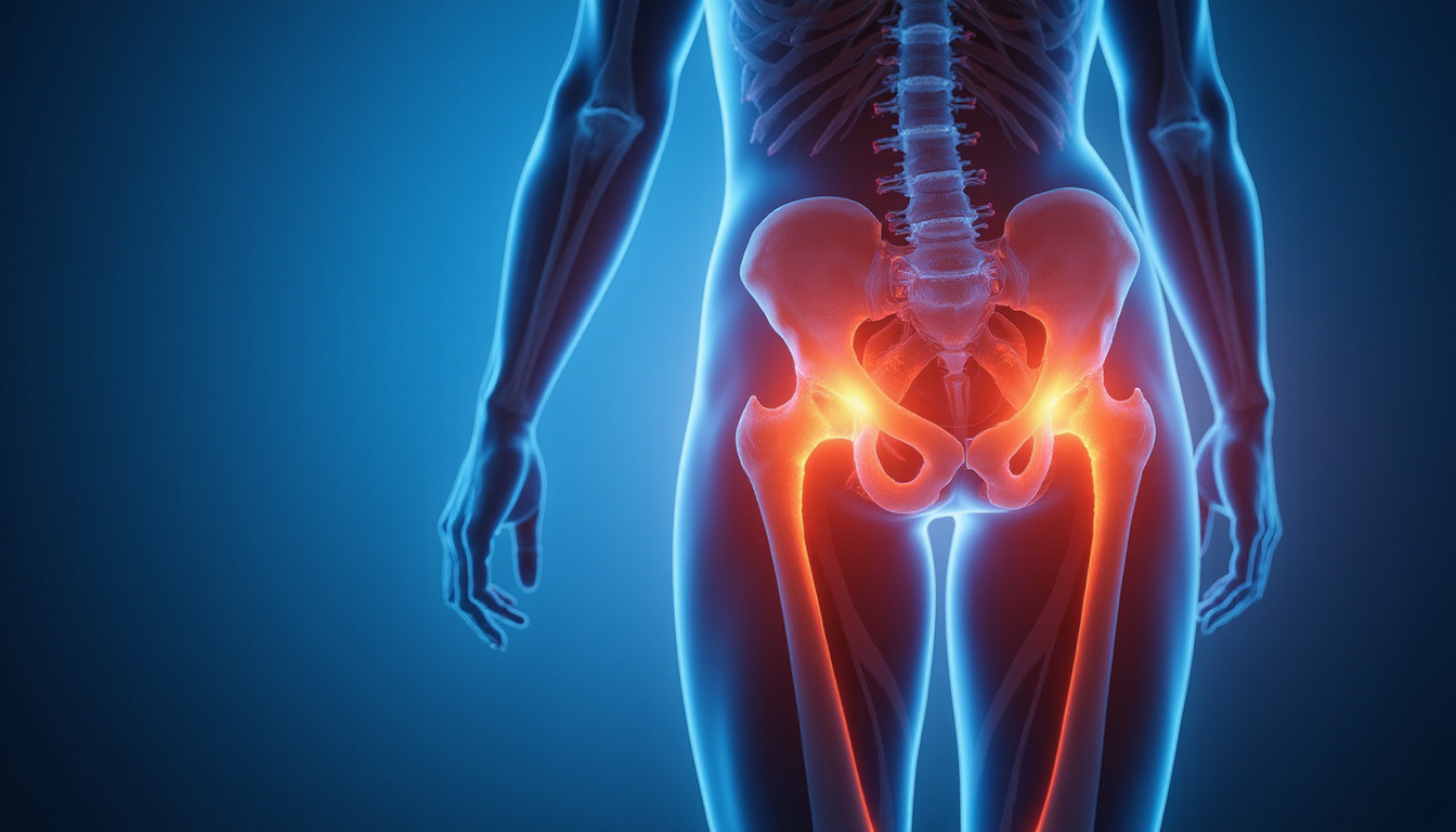  Anatomical overlay showing hip muscles, glowing highlights, pain relief, calming blue background