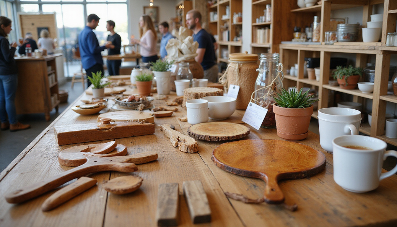 Upcycled wood home goods display at artisan market, price tags, happy customers, natural light