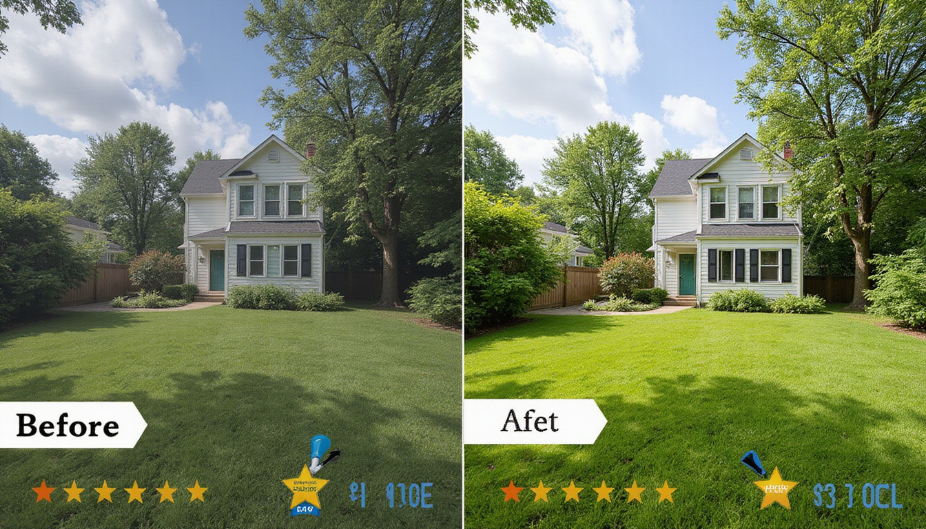  Split-screen before-and-after messy yard cleared, trust badges, star ratings, magnifying glass inspecting reviews