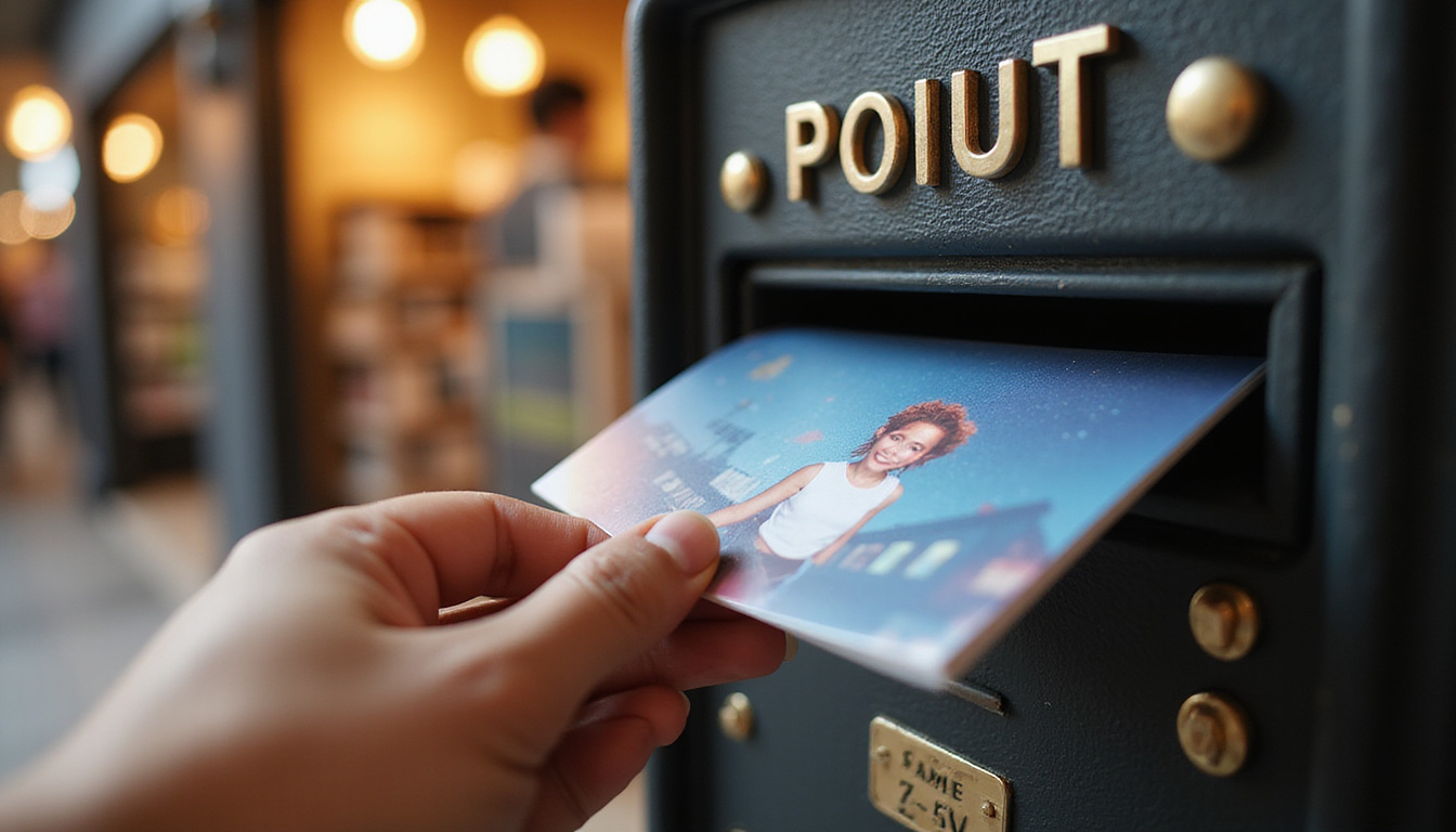  Hand placing eye-catching postcard into mailbox, close-up, warm lighting, modern retail display