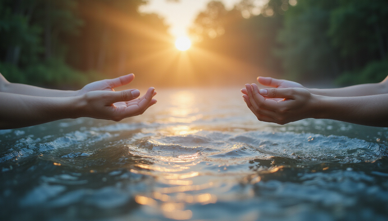  riverbank counseling circle, hands joined, soft mist, shimmering chakras, inner peace restored
