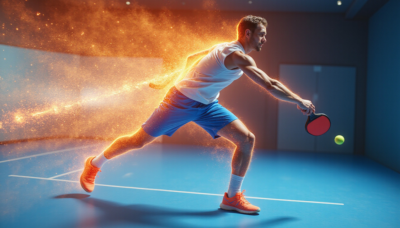  Dynamic pickleball player mid-serve, ethereal healing aura, muscular fibers regenerating, high-speed motion blur