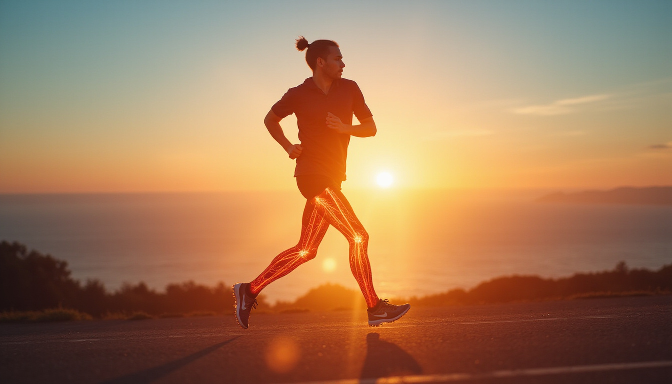  Athlete running pain-free, translucent joint overlay showing regenerated tissue and strength, hopeful sunrise