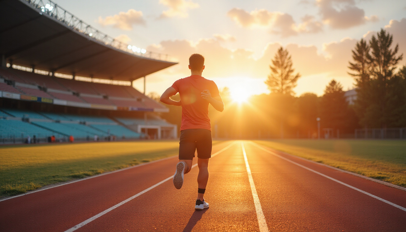  Confident athlete returning to sports stadium celebrating controlled sprint healed knee sunrise optimism