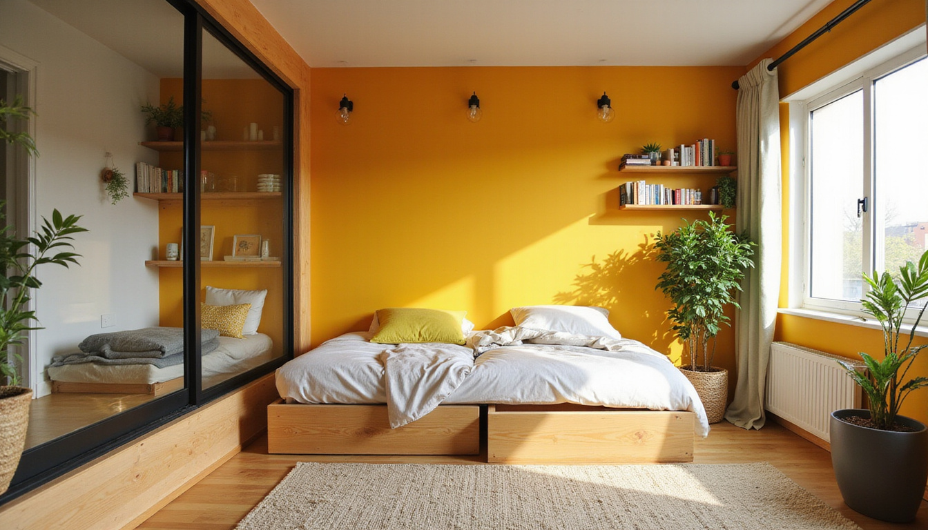  Cozy micro-apartment showcasing sliding glass partition, built-in shelving, hidden under-bed drawers, houseplants