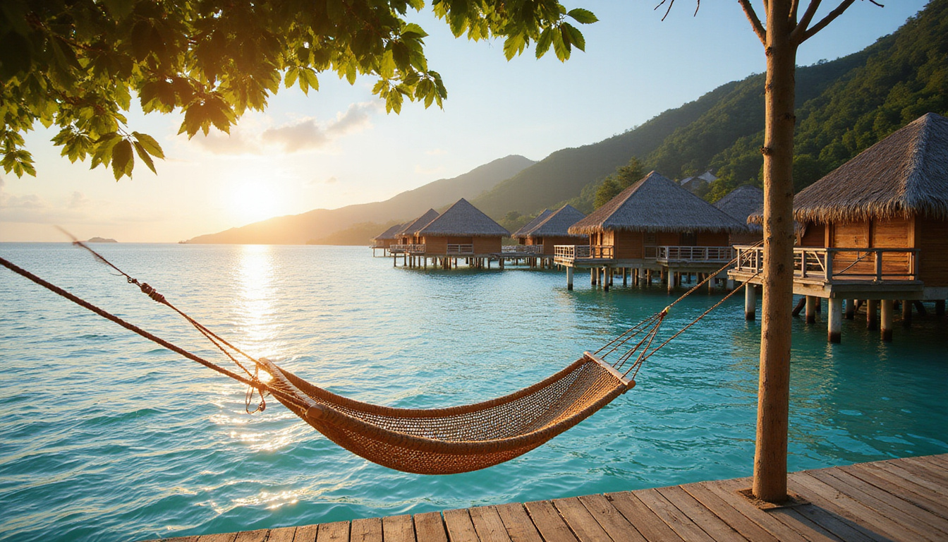  Secluded luxury seaside resort, overwater bungalows, soft golden light, hammock, gentle waves
