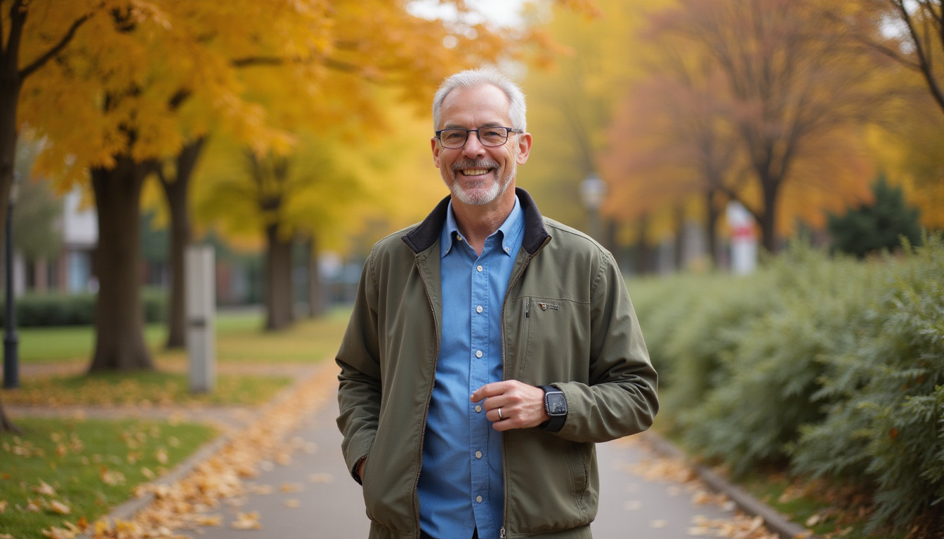  Serene urban park: smiling middle-aged adult brisk-walking, smartwatch tracking steps, autumn light