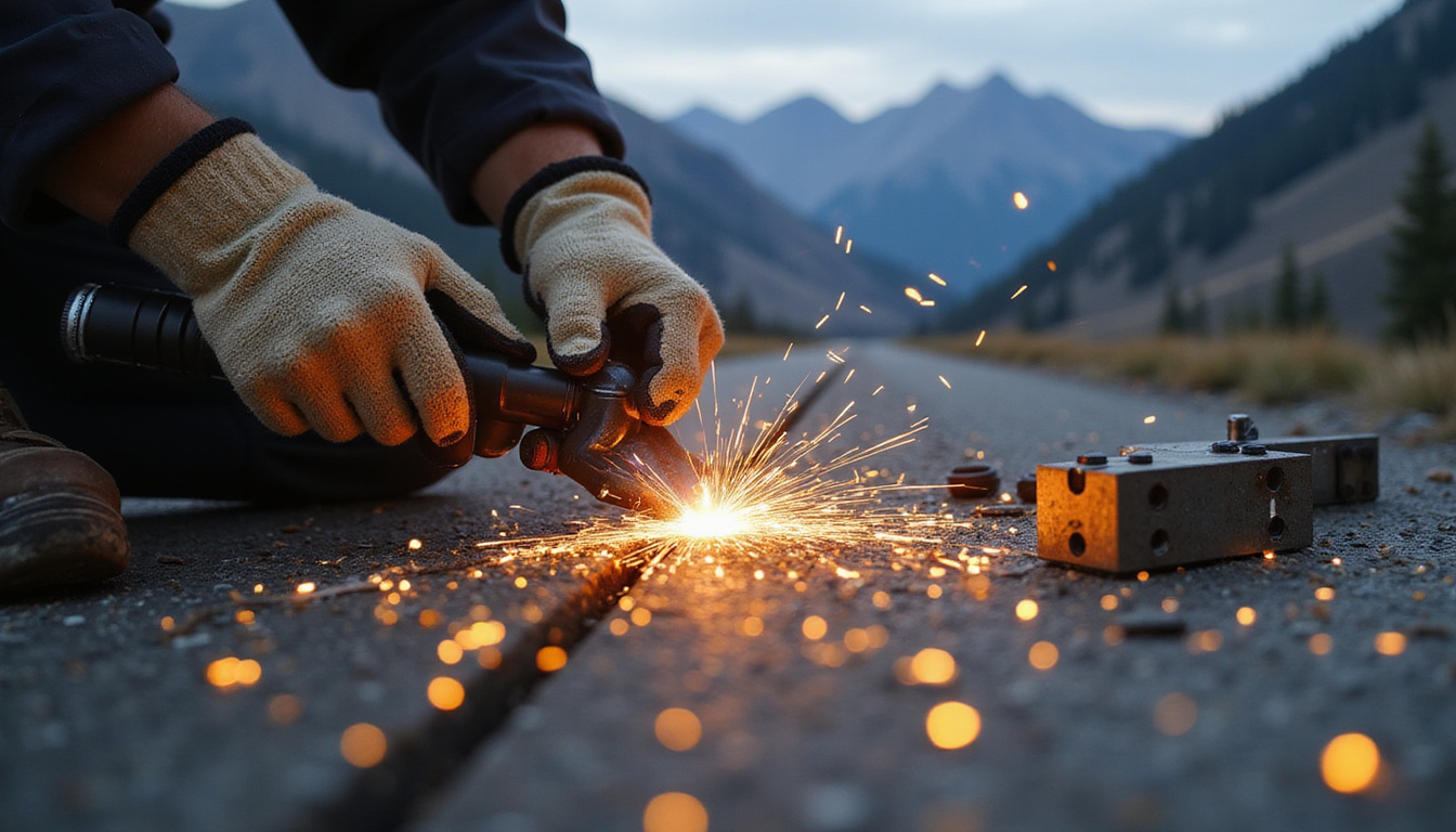  Close-up welding sparks, hands with gloves, heavy-duty mounting brackets, mountainous off-road background