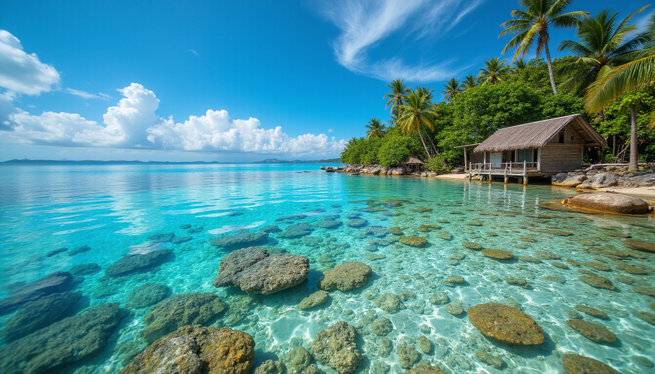  Budget traveler snorkeling over vibrant coral, crystal water, palm-fringed beach, rustic warung nearby