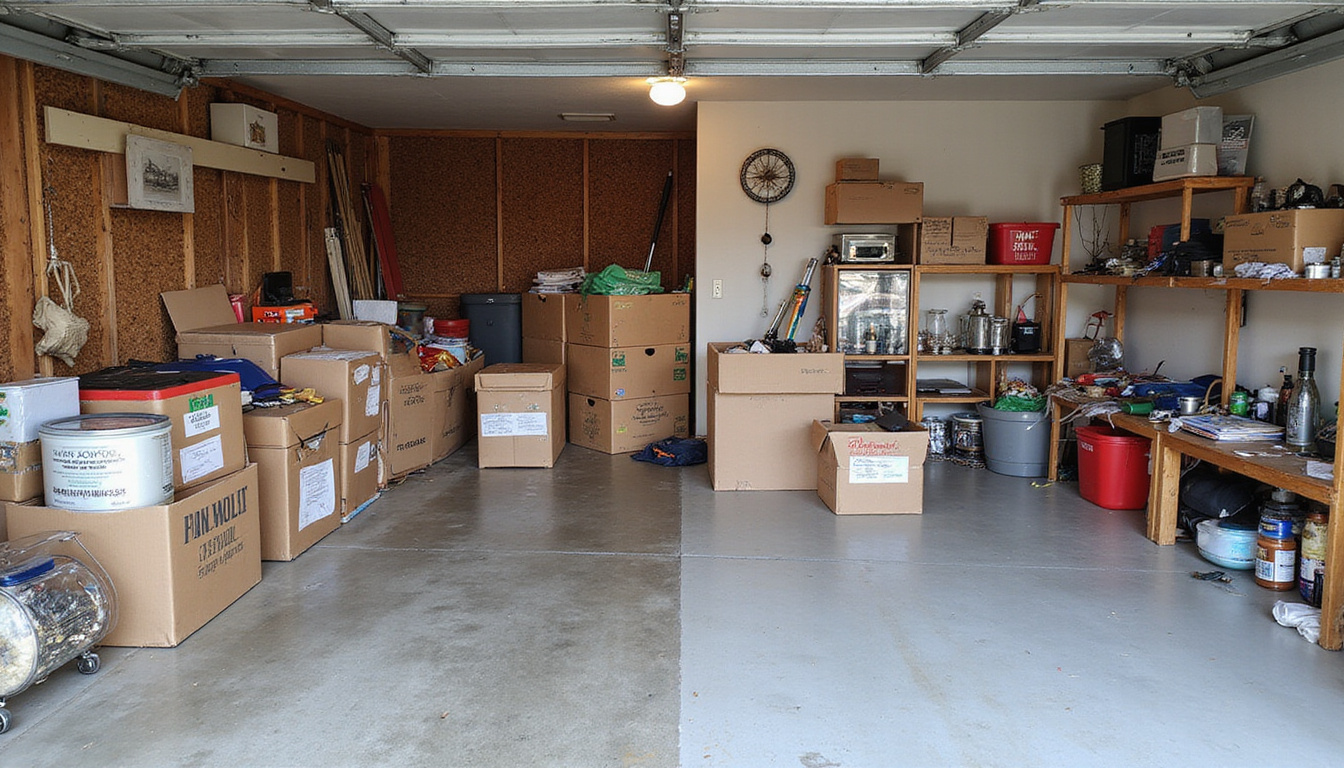  Clean garage before-and-after split, overflowing clutter transformed into labeled boxes, cash savings jar