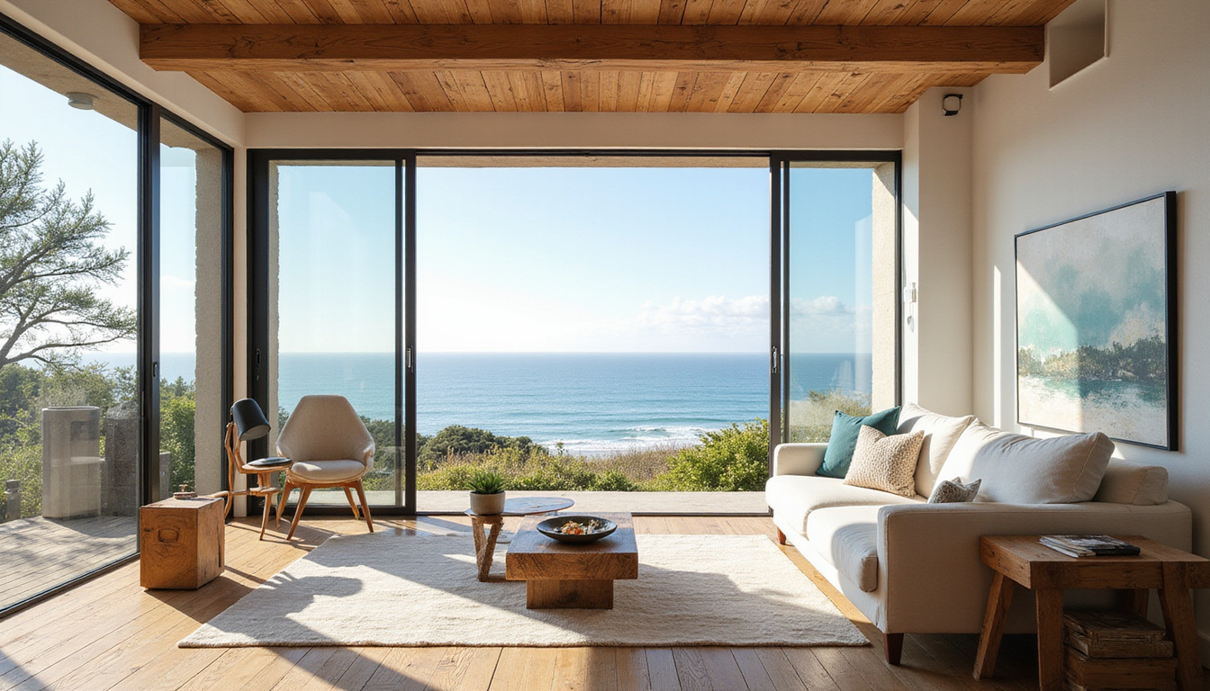  Minimalist coastal living room overlooking ocean, before-and-after split, reclaimed wood, airy sunlight