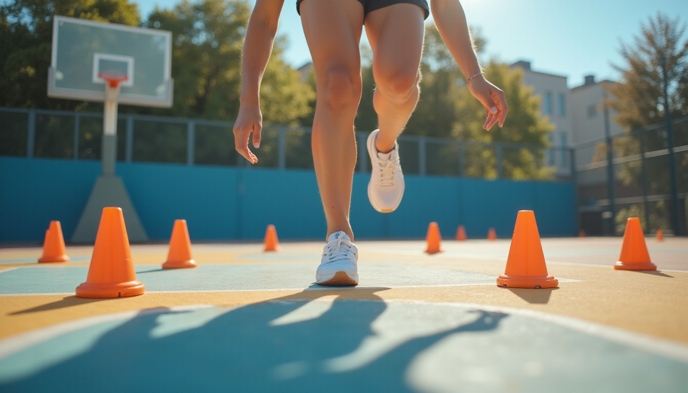  Close-up feet practicing gait retraining drills on court, cones, trainer hands guiding, sunlit