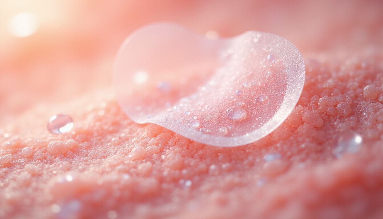  Close-up healing skin cells regenerating, translucent chitosan hydrogel patch, crystal clear filtered water droplets