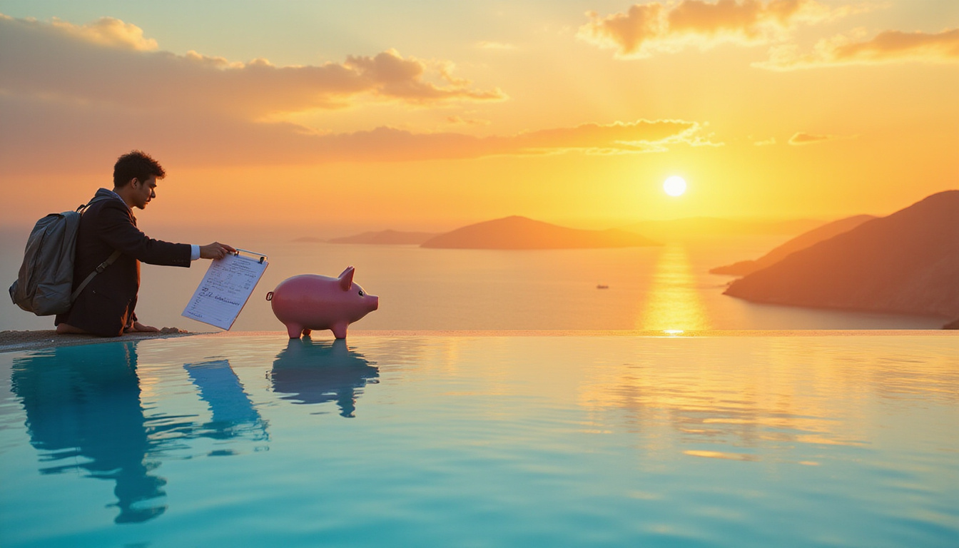  Traveler negotiating with host on phone, calendar, contract, piggy bank, golden sunset over infinity pool