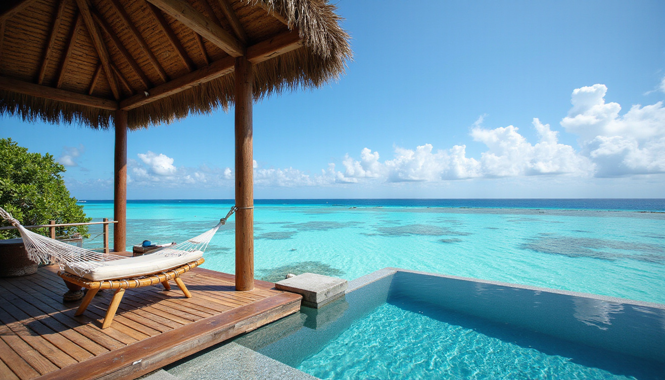  Luxury wooden bungalow deck with hammock, glass floor, infinity pool overlooking coral reef