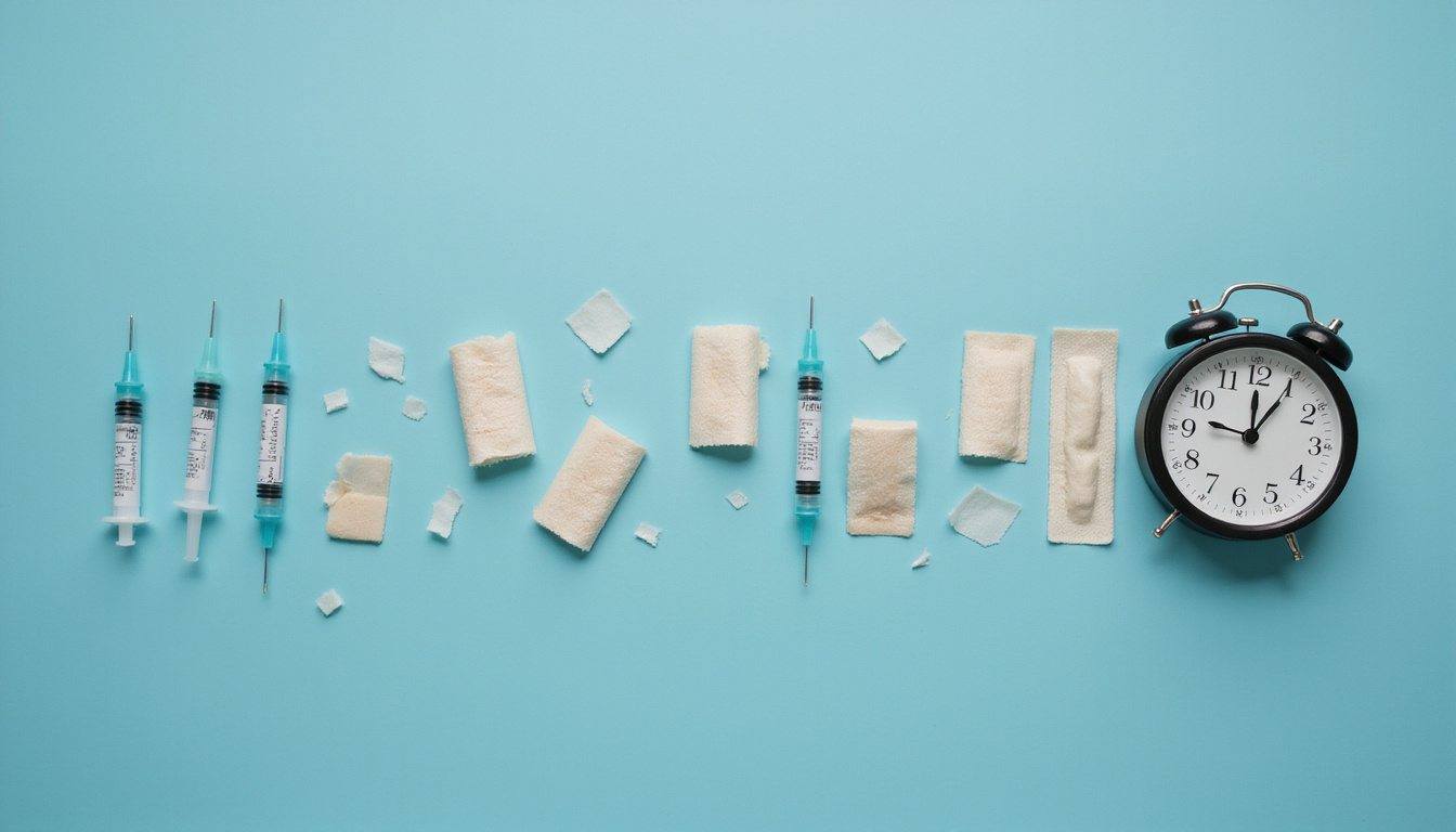  multiple syringes, fragmented bandages, slow-moving clock, weary patient progressing slowly, muted colors