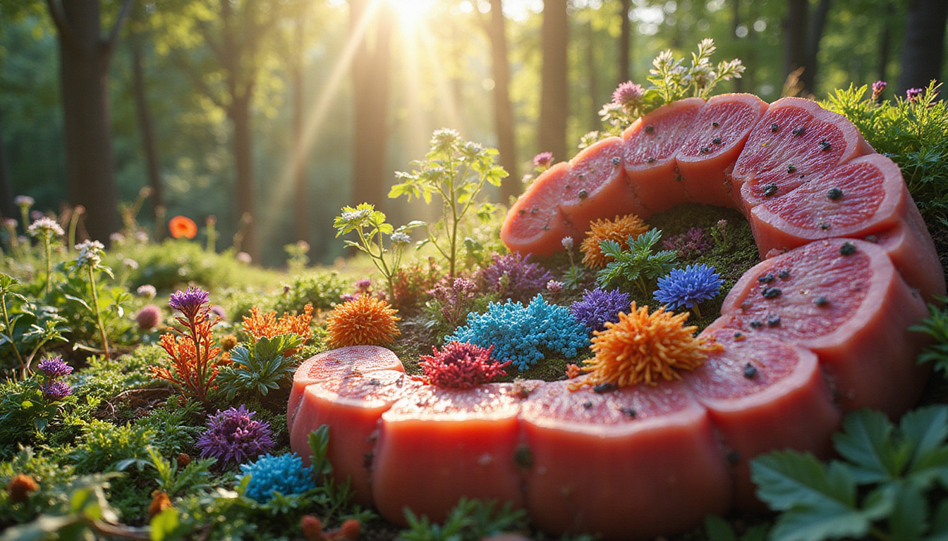  Cross-section of intestine as thriving garden, colorful microbes, immune shields, sunlight beams energizing mind