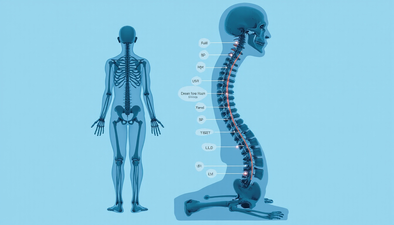 Detailed anatomical spine illustration overlay showing posture corrections, soothing blue palette, clean infographic style
