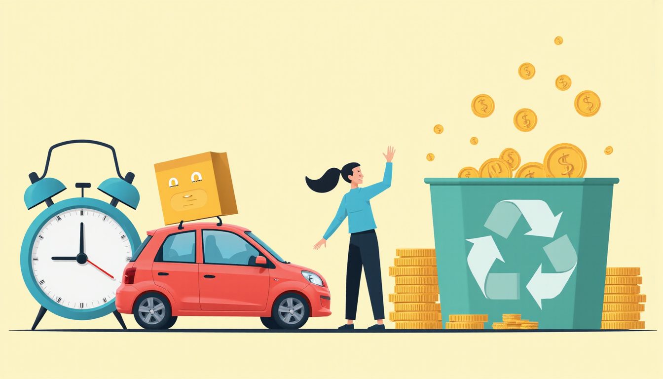  Money-saving tips visualized: compact car dropping off recyclables, clock, coins, minimalist style