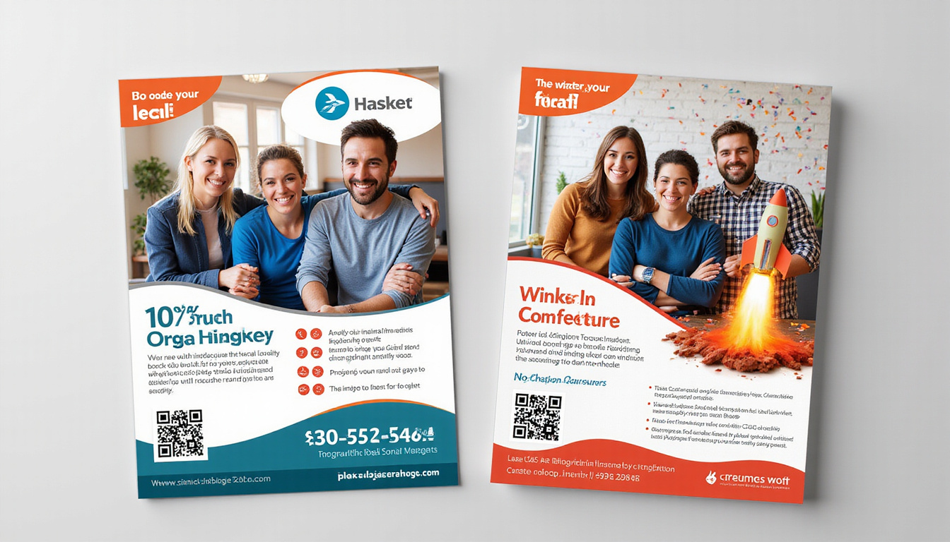  Vibrant flyer designs with QR codes, smiling local customers, launch confetti, skyrocketing revenue arrow