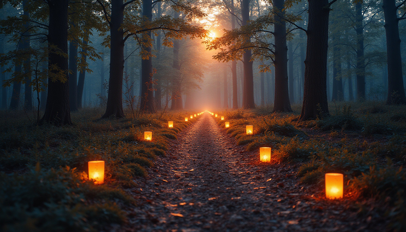  Forest path at dawn, lanterns marking footsteps, small sapling glowing with hopeful light