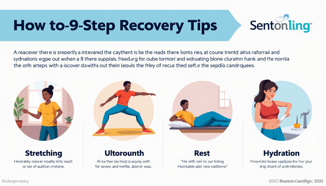  Infographic-style scene: step-by-step recovery tips, stretching, ultrasound, rest, hydration, vibrant colors